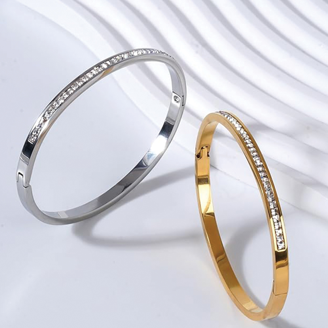 Shimmering Rhinestone Gold Plated Open Bangle
