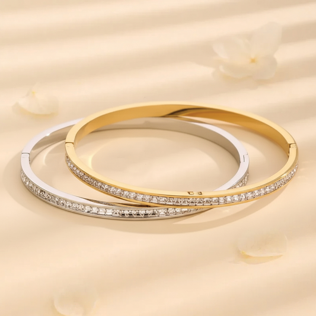 Shimmering Rhinestone Gold Plated Open Bangle