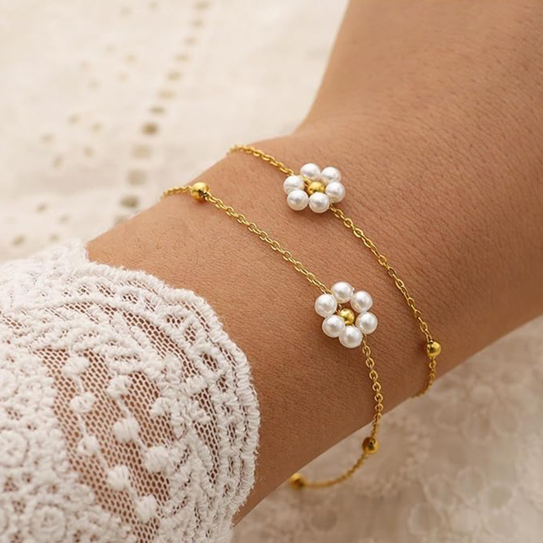White Flower Pearl Bracelet