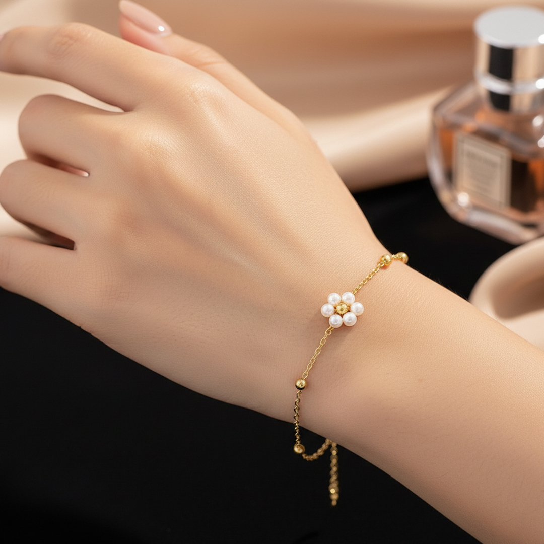 White Flower Pearl Bracelet
