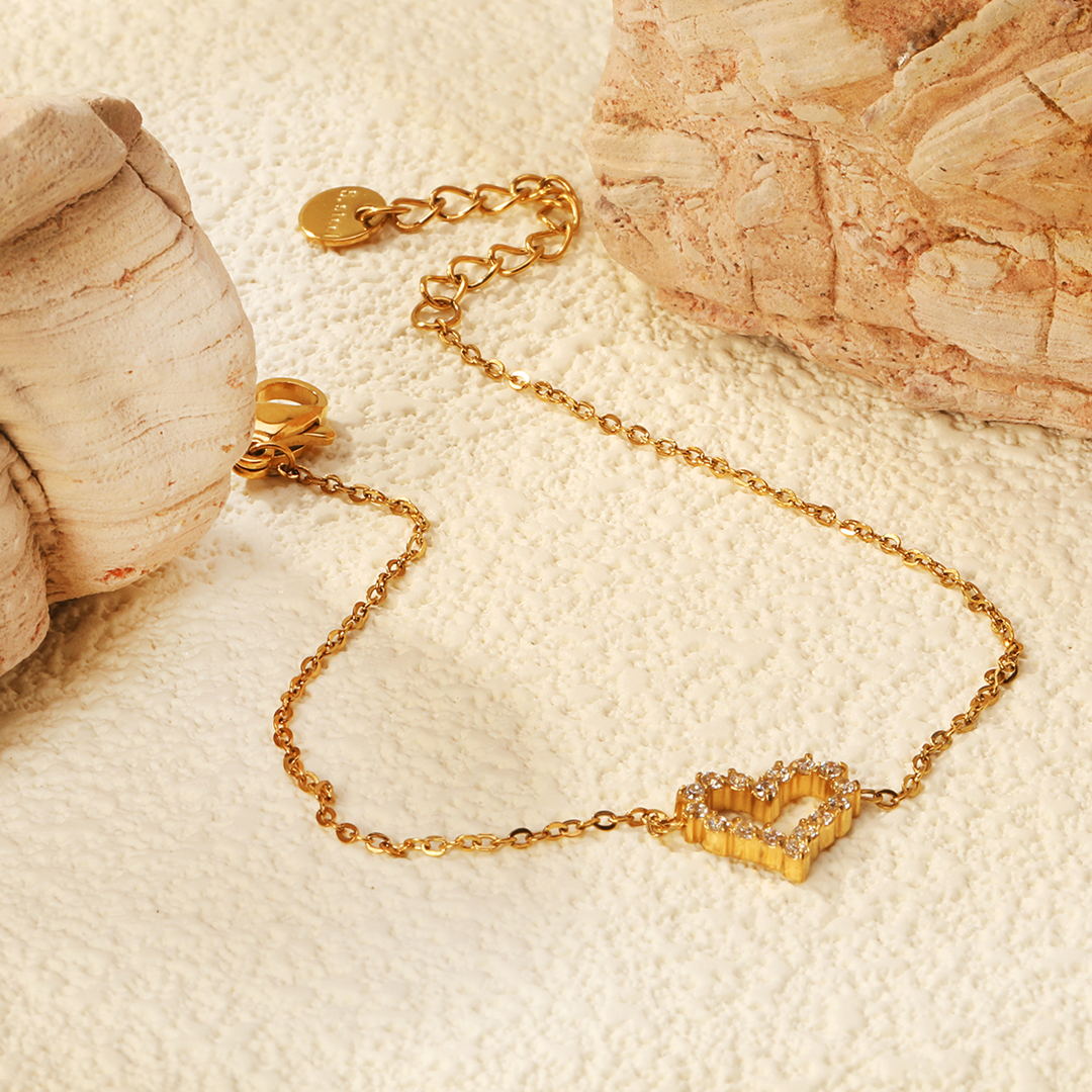 Waterproof Bejeweled Heart Gold Bracelet