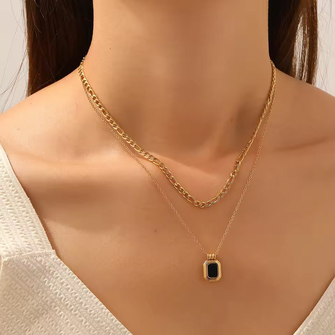 Waterproof Layered Black Onyx Style Necklace