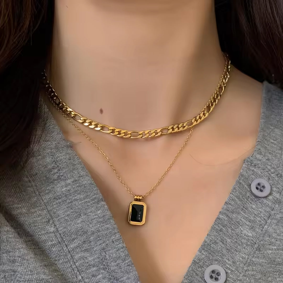 Waterproof Layered Black Onyx Style Necklace