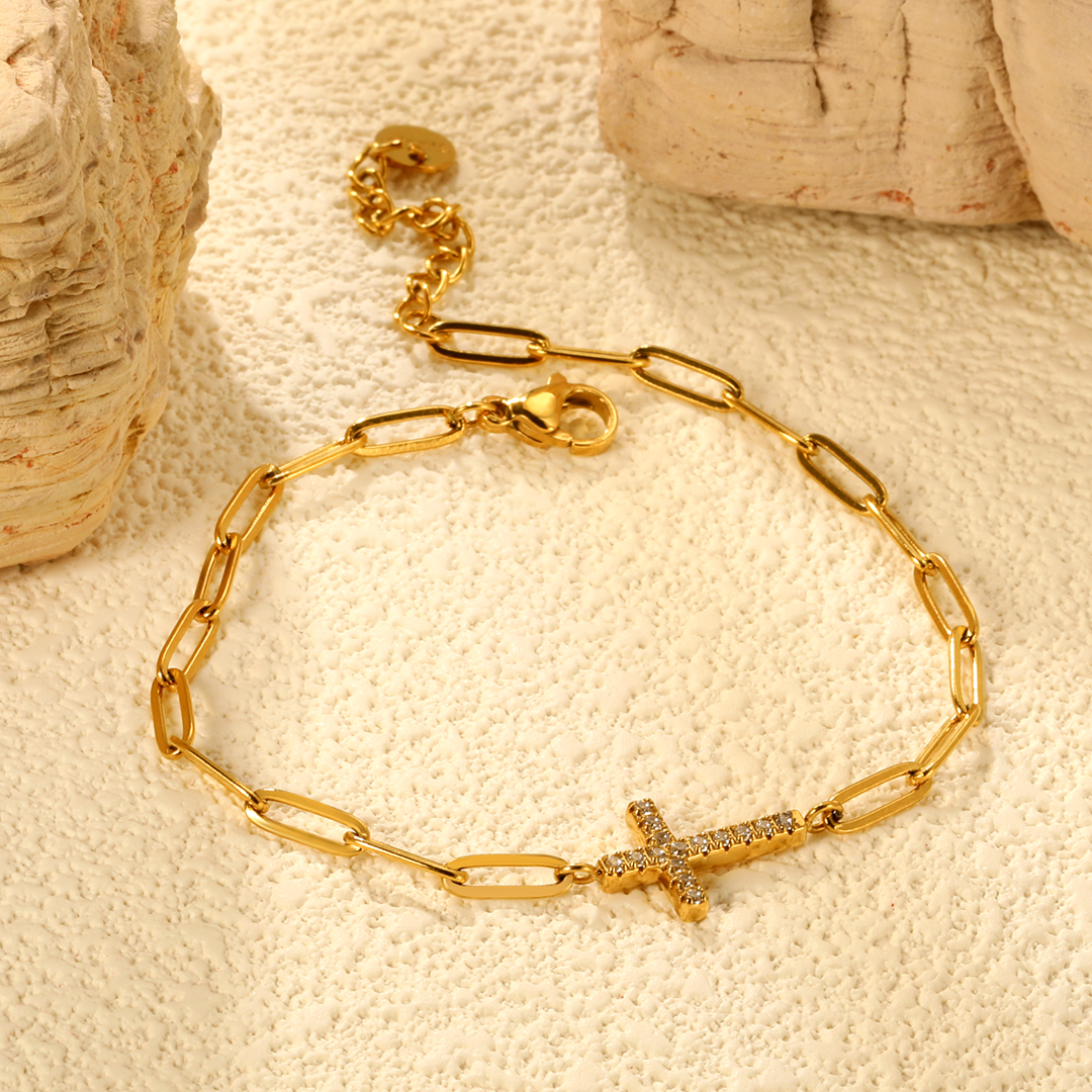 Waterproof Cross Plaque Gold Plated Bracelet
